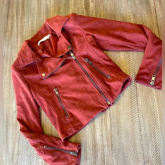 ASTR the Label Faux Suede Moto Jacket crop cropped motorcycle orange brown s - Picture 1 of 7